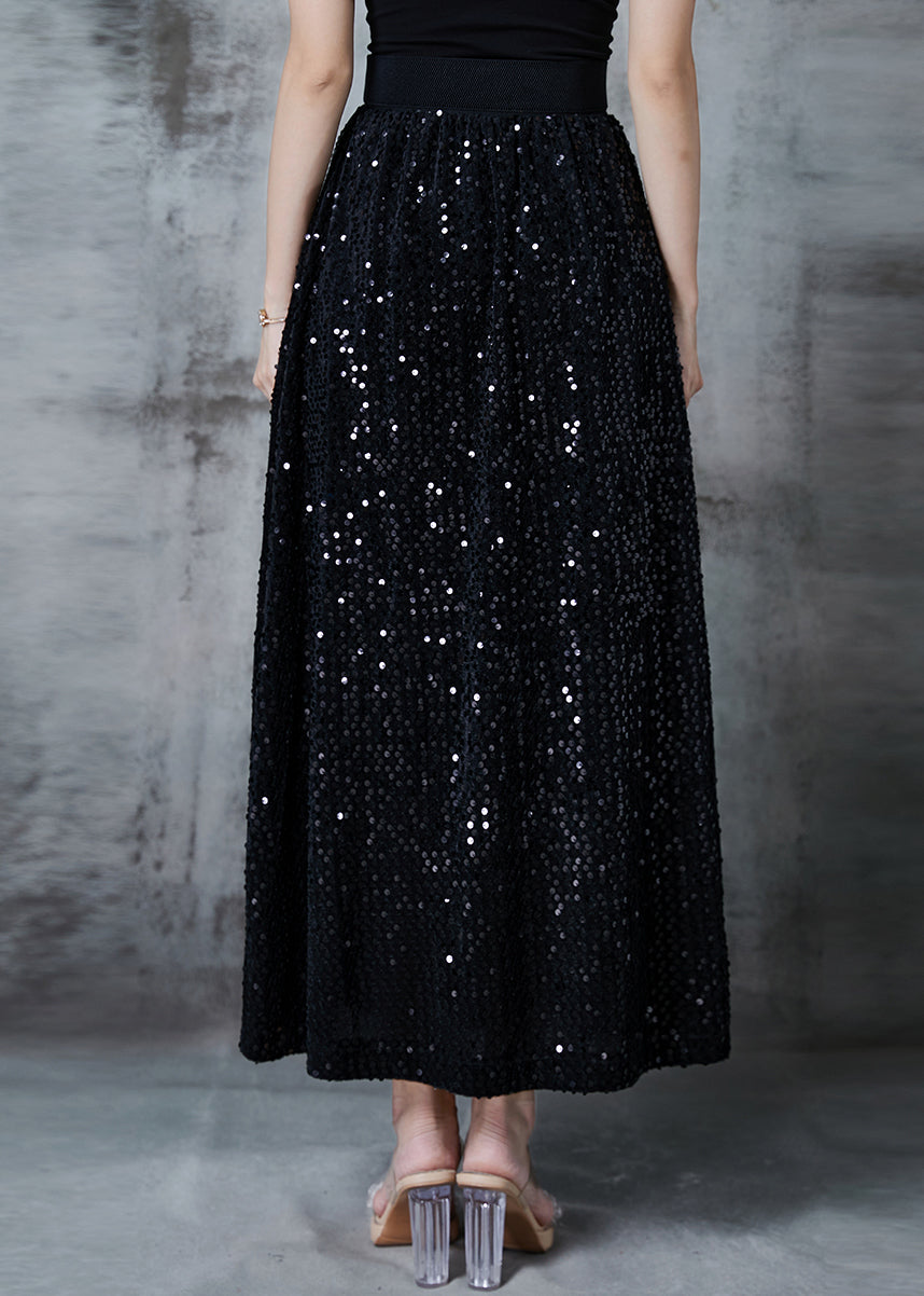Stylish Black Sequins Cotton a Line Skirts Spring