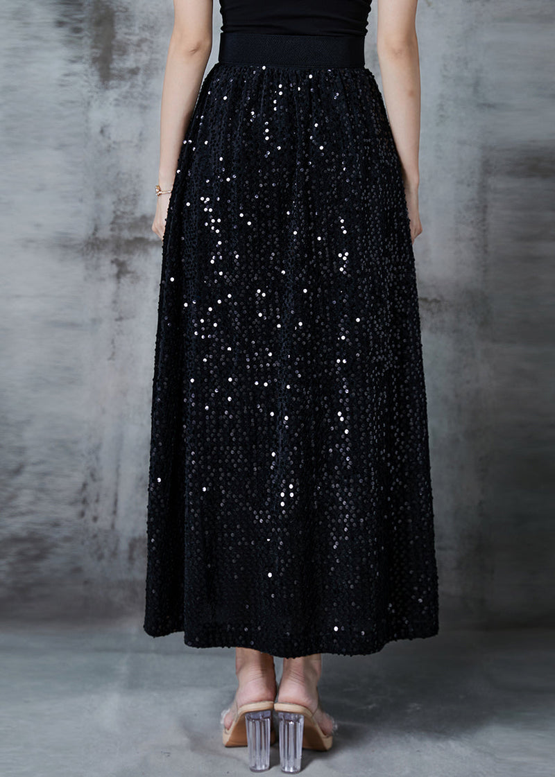 Stylish Black Sequins Cotton a Line Skirts Spring
