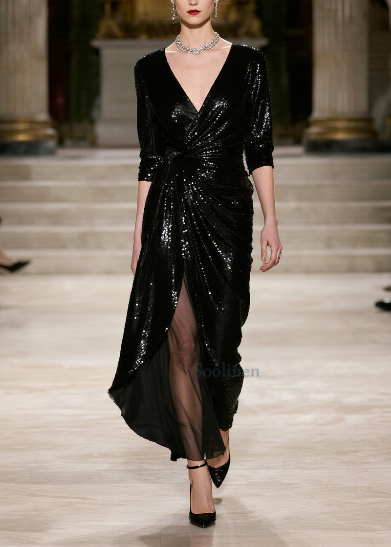 Stylish Black Sequins Patchwork Tulle Wraped Dresses Spring