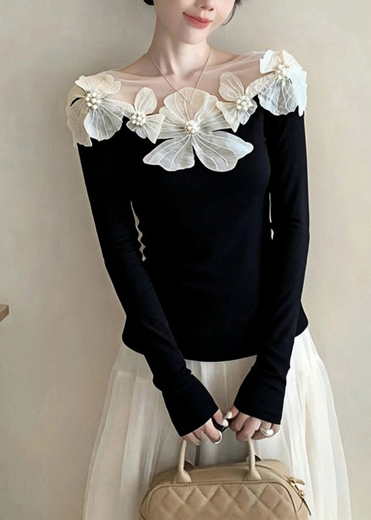 Stylish Black Slash Neck Nail Bead Knit Tops Spring