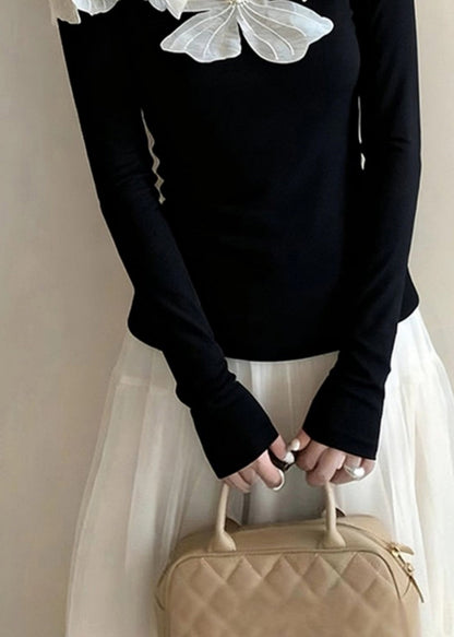Stylish Black Slash Neck Nail Bead Knit Tops Spring
