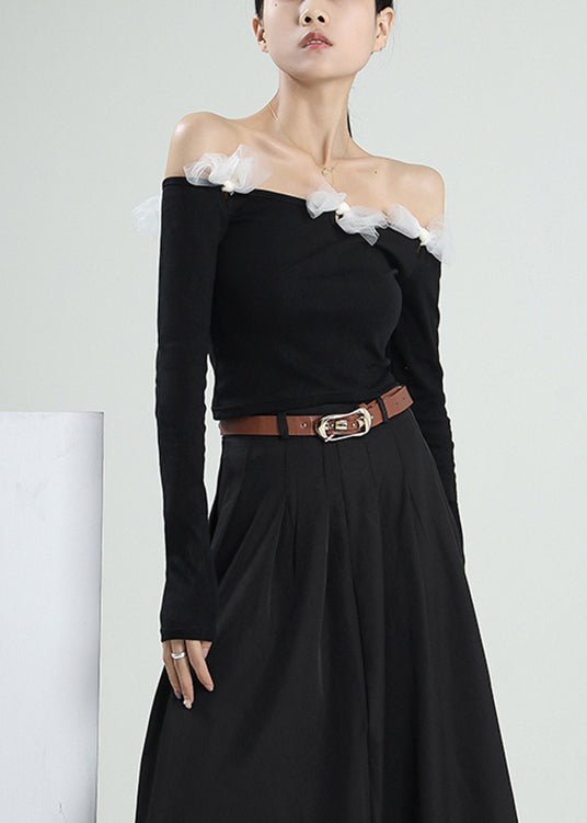 Stylish Black Slash Neck Bow Cotton Top Long Sleeve