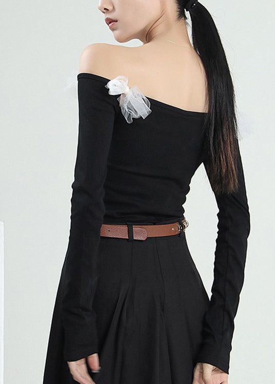 Stylish Black Slash Neck Bow Cotton Top Long Sleeve