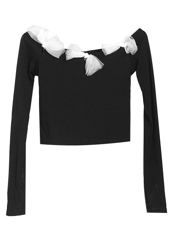 Stylish Black Slash Neck Bow Cotton Top Long Sleeve