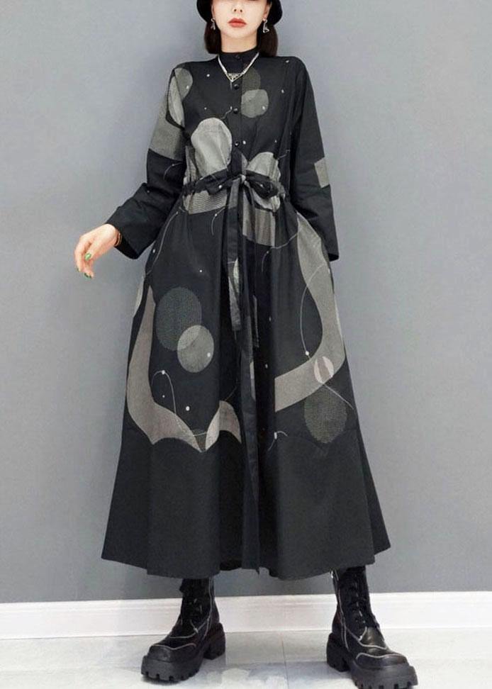 Stylish Black Stand Button Dresses Fall Long Sleeve