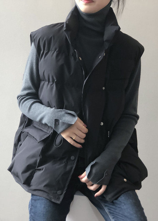 Stylish Black Stand Collar Pockets Regular Winter Down Vest