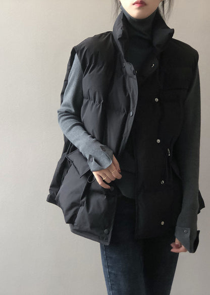 Stylish Black Stand Collar Pockets Regular Winter Down Vest