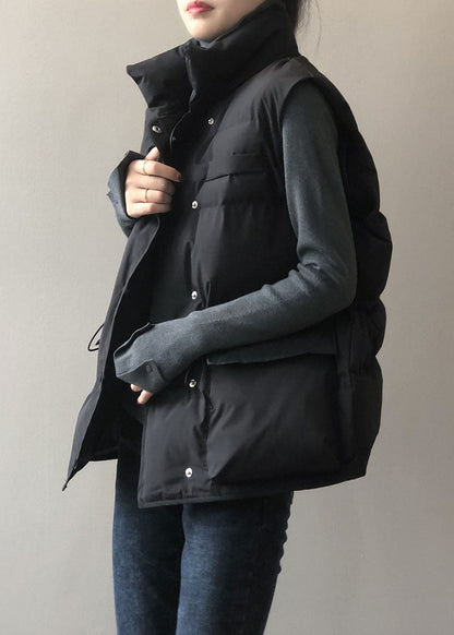 Stylish Black Stand Collar Pockets Regular Winter Down Vest