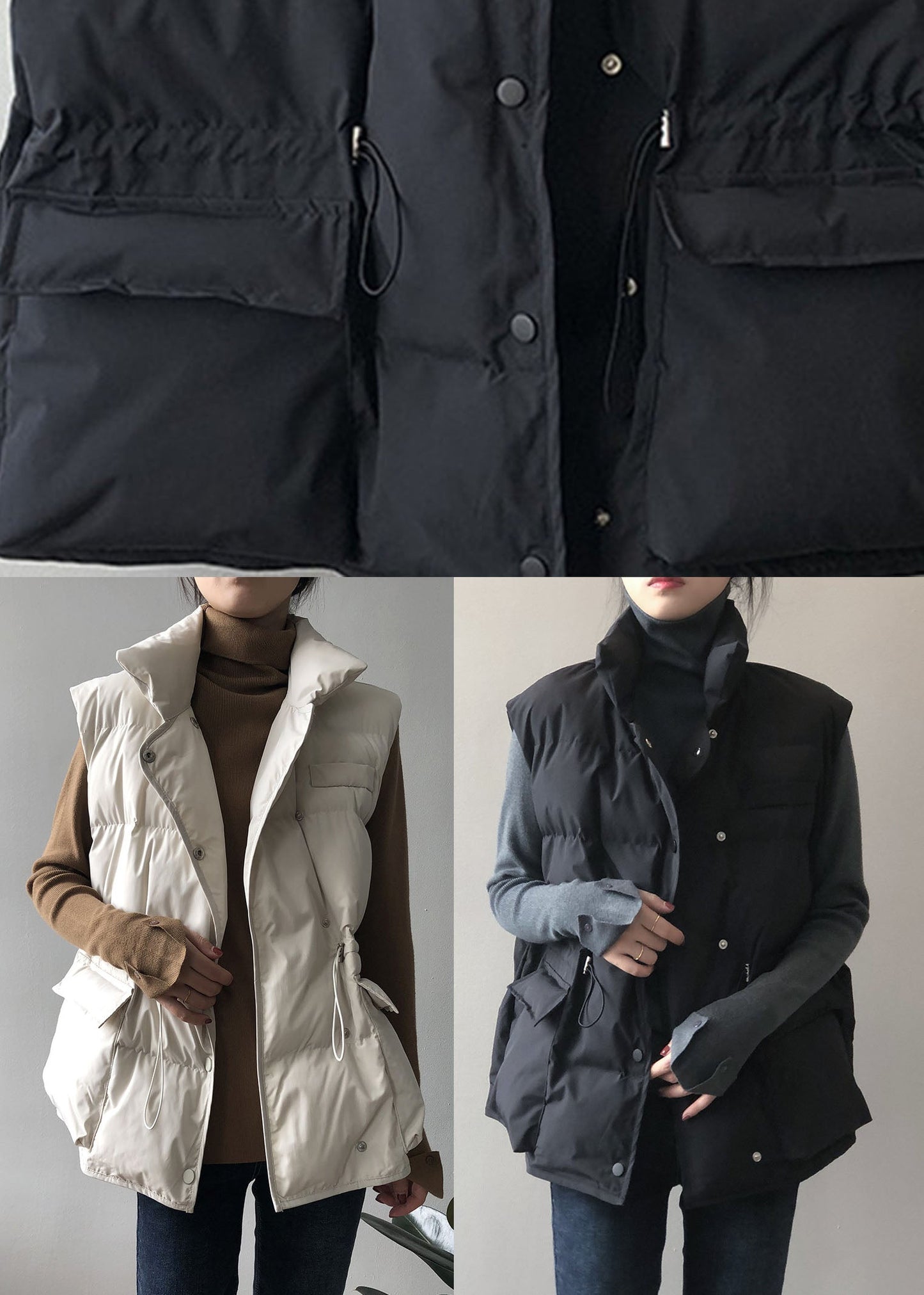 Stylish Black Stand Collar Pockets Regular Winter Down Vest