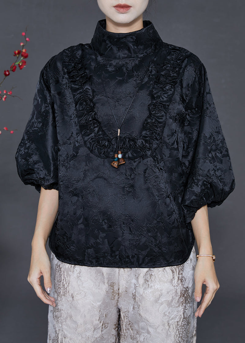 Stylish Black Stand Collar Ruffled Jacquard Silk Shirts Summer