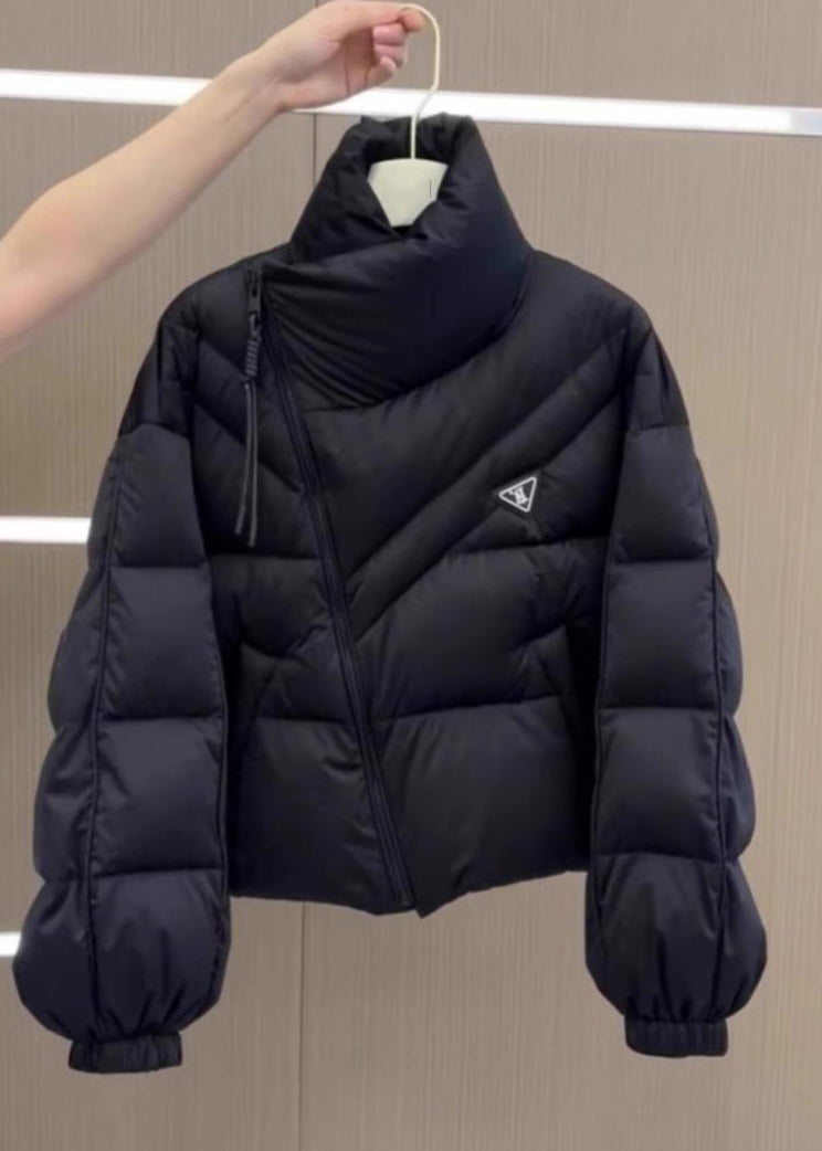 Stylish Black Stand Collar Zippered Patchwork Parka Puff Sleeve