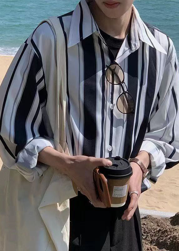 Stylish Black Striped Button Cotton Men Shirts Spring