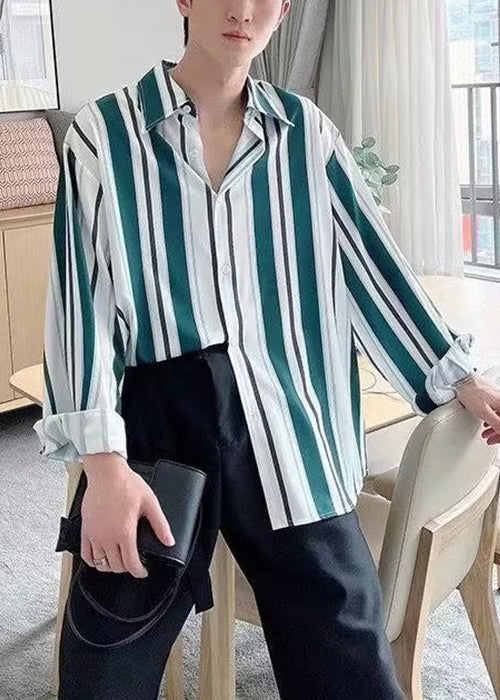Stylish Black Striped Button Cotton Men Shirts Spring