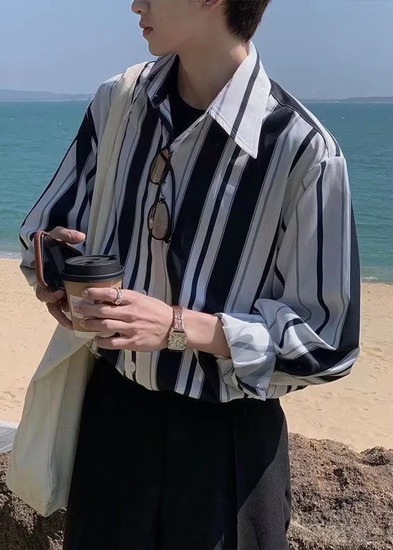 Stylish Black Striped Button Cotton Men Shirts Spring