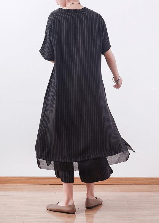 Stylish Black Striped Silk Button Summer Two Pieces Set