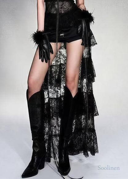 Stylish Black Tasseled Low High Design Lace Cami Dress Summer