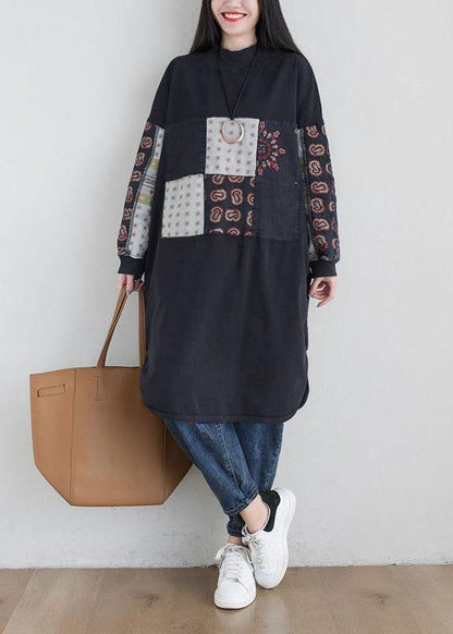 Stylish Black Turtleneck Print Loose Fall Sweatshirts Dress