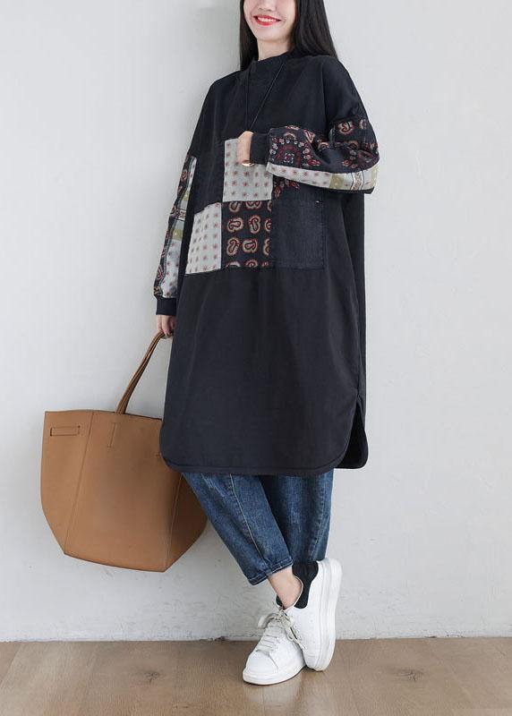 Stylish Black Turtleneck Print Loose Fall Sweatshirts Dress