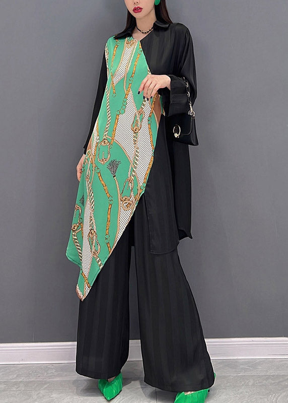 Stylish Black V Neck Asymmetrical Patchwork Chiffon Tops and Wide Leg Pants Two Pieces Set Spring