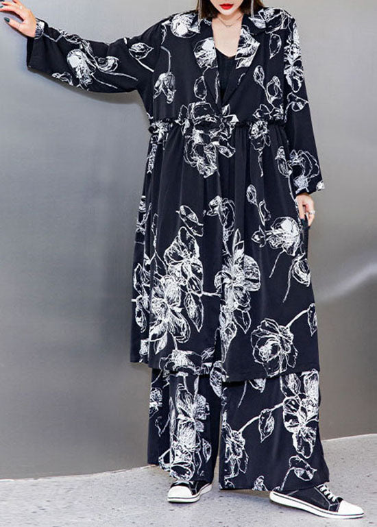 Stylish Black V Neck Cinched Print Silk Tops Wide Leg Pants Two Pieces Set Spring