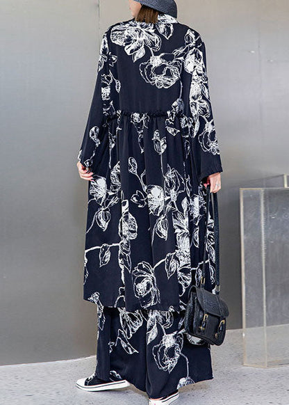 Stylish Black V Neck Cinched Print Silk Tops Wide Leg Pants Two Pieces Set Spring