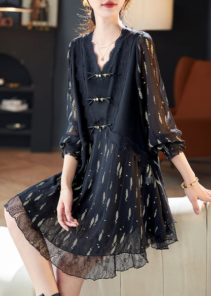 Stylish Black V Neck Lace Print Patchwork Chiffon Dress Spring