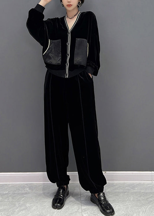 Stylish Black V Neck Print Coats and Pants Two Pieces Set Fall