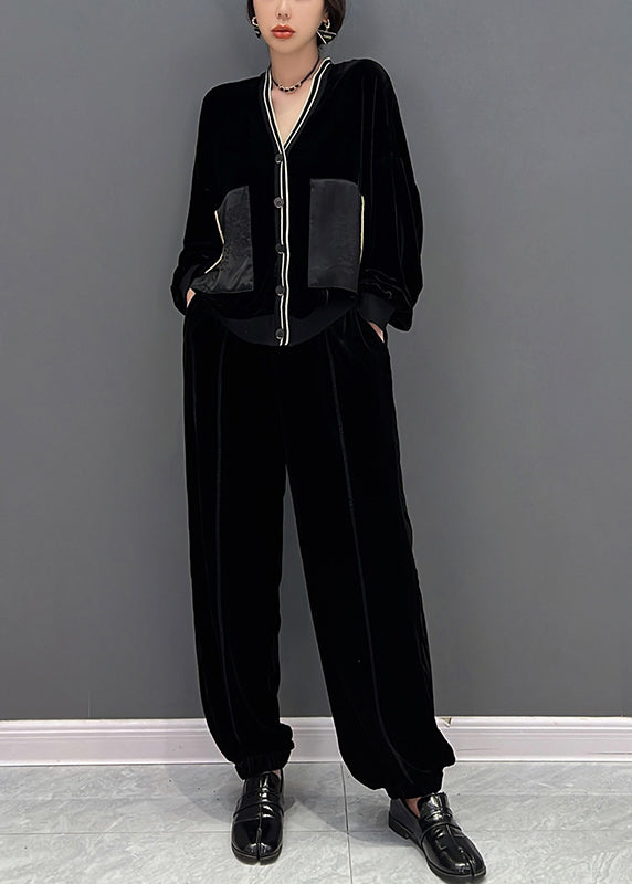 Stylish Black V Neck Print Coats and Pants Two Pieces Set Fall