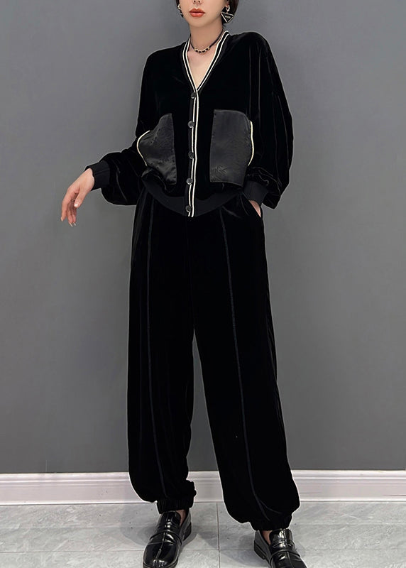 Stylish Black V Neck Print Coats and Pants Two Pieces Set Fall