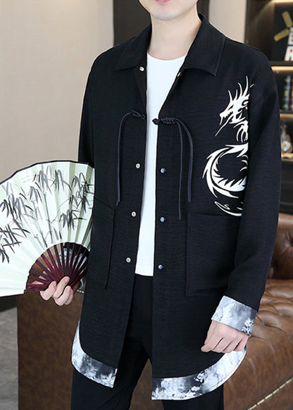 Stylish Black V Neck Print Patchwork Upf 50+ Coat Long Sleeve