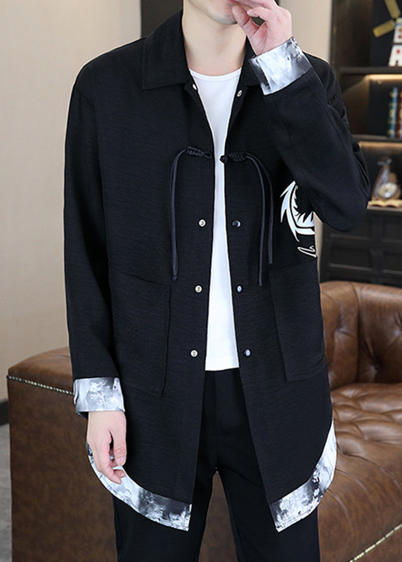Stylish Black V Neck Print Patchwork Upf 50+ Coat Long Sleeve