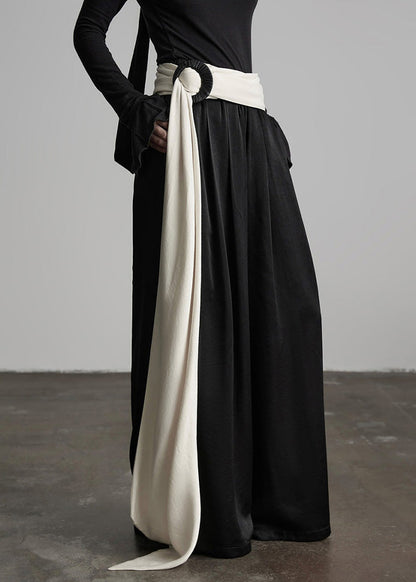 Stylish Black Wrinkled Elastic Waist Silk Pants Spring