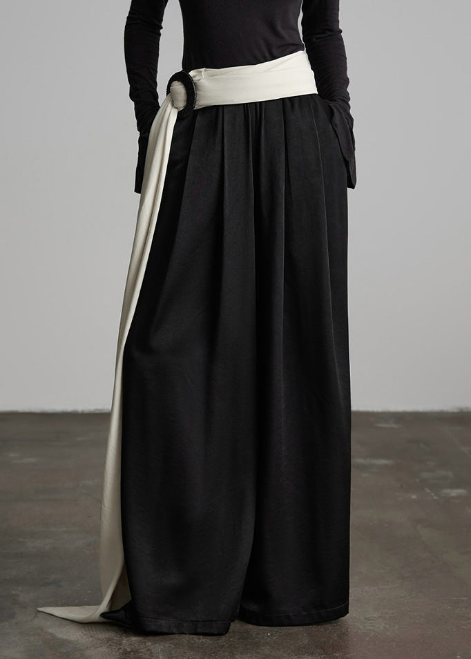 Stylish Black Wrinkled Elastic Waist Silk Pants Spring