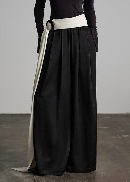 Stylish Black Wrinkled Elastic Waist Silk Pants Spring