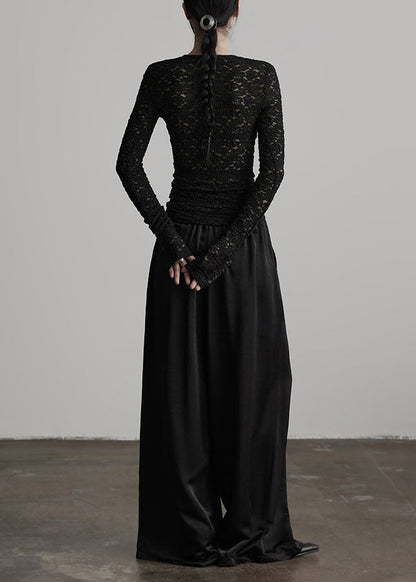 Stylish Black Wrinkled Elastic Waist Silk Pants Spring