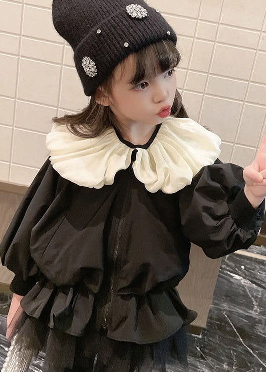 Stylish Black Wrinkled Tulle Patchwork Cotton Coats Puff Sleeve