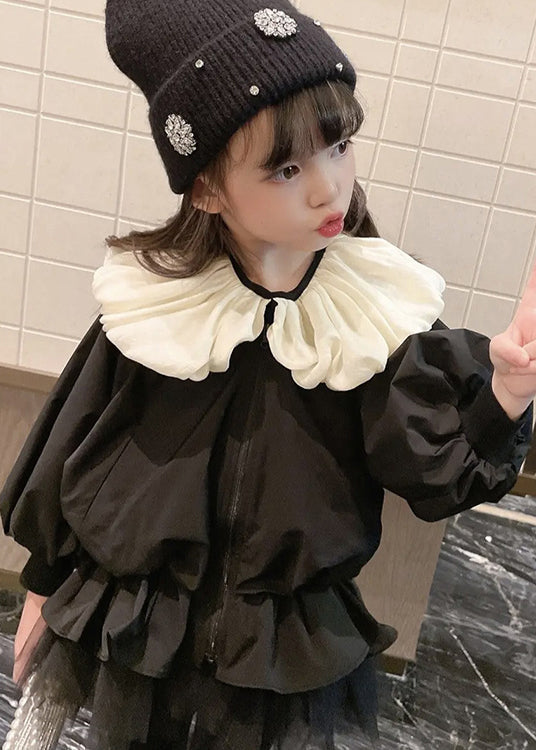 Stylish Black Wrinkled Tulle Patchwork Cotton Coats Puff Sleeve