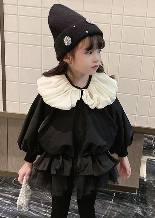 Stylish Black Wrinkled Tulle Patchwork Cotton Coats Puff Sleeve