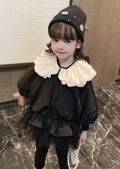 Stylish Black Wrinkled Tulle Patchwork Cotton Coats Puff Sleeve