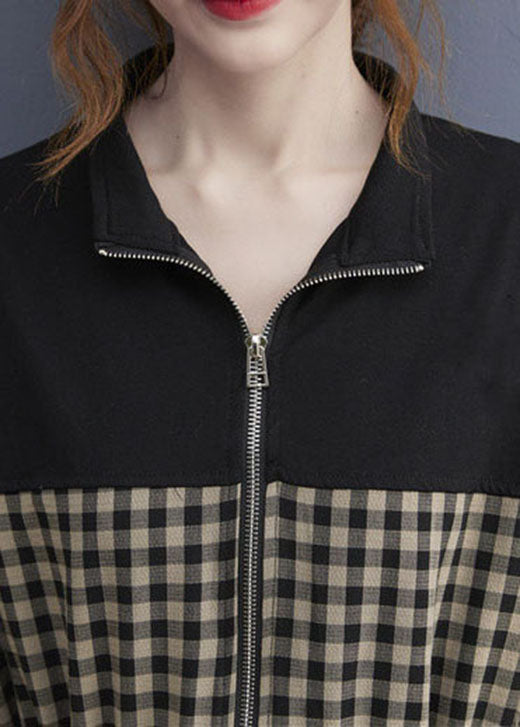 Stylish Black Zip Up Plaid Drawstring Dresses Short Sleeve