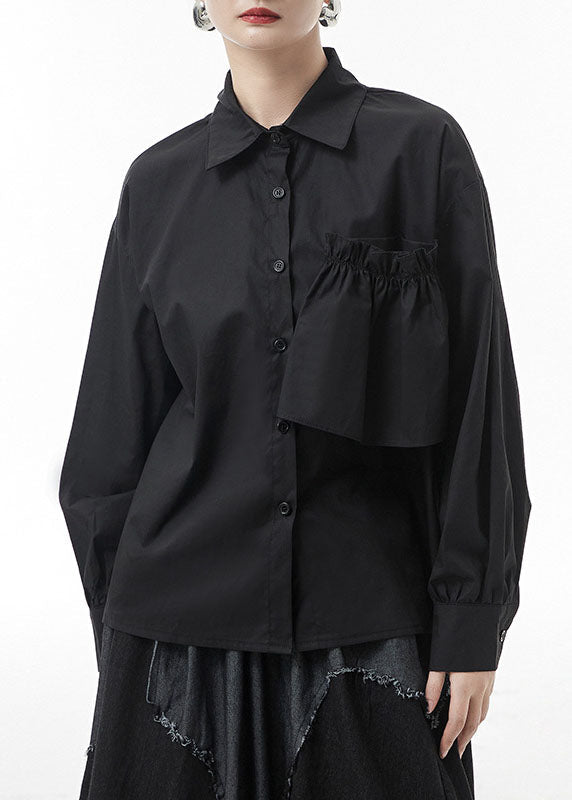 Stylish Black Low High Design Patchwork Shirts Spring