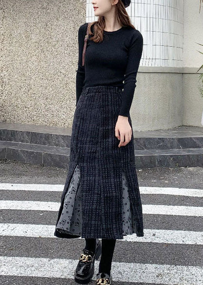 Stylish Black Tulle Patchwork Woolen Skirt Winter