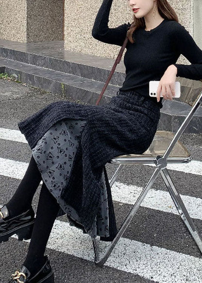 Stylish Black Tulle Patchwork Woolen Skirt Winter