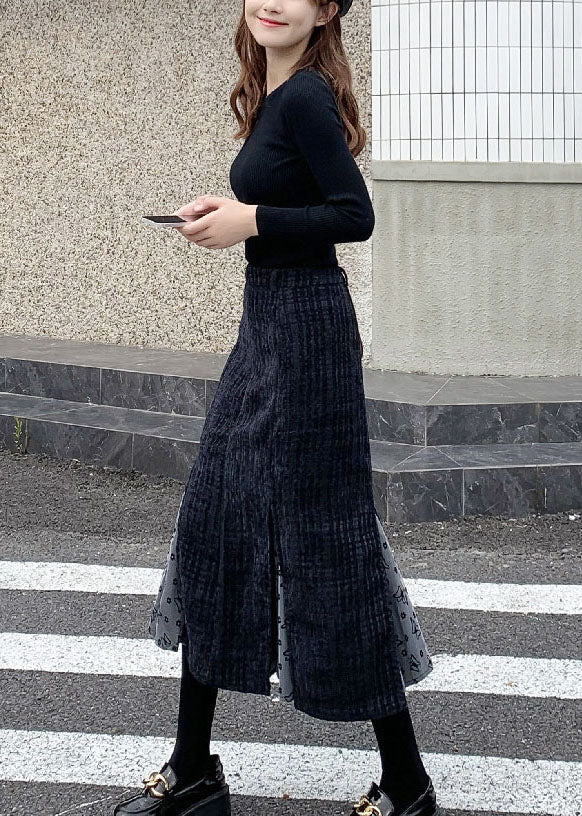 Stylish Black Tulle Patchwork Woolen Skirt Winter