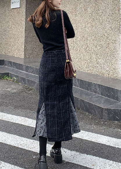 Stylish Black Tulle Patchwork Woolen Skirt Winter