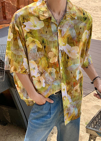 Stylish Blue Dotted Daisy Print Hawaiian Shirts Summer