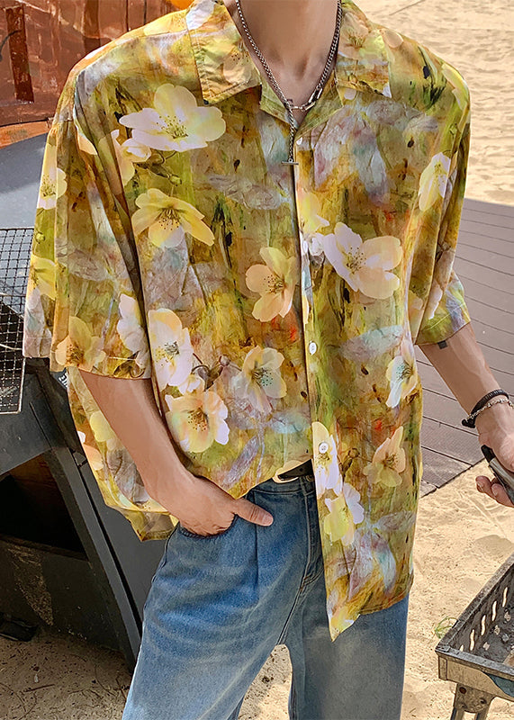 Stylish Blue Dotted Daisy Print Hawaiian Shirts Summer