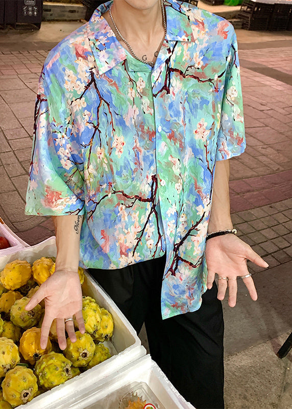 Stylish Blue Dotted Daisy Print Hawaiian Shirts Summer