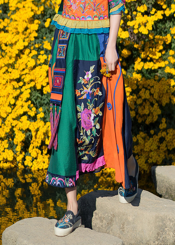 Stylish Blue Embroideried Tassel Elastic Waist Maxi Skirt Summer