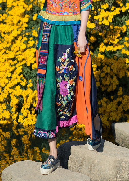 Stylish Blue Embroideried Tassel Elastic Waist Maxi Skirt Summer